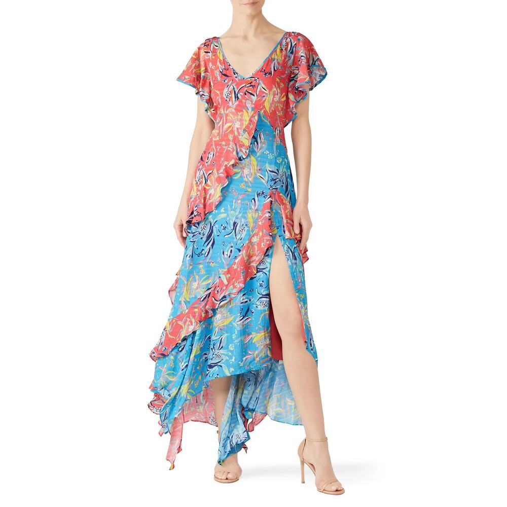 Tanya Taylor Silk Floral Ruffle Shark Hem Iliana Maxi Dress, 8 Tall